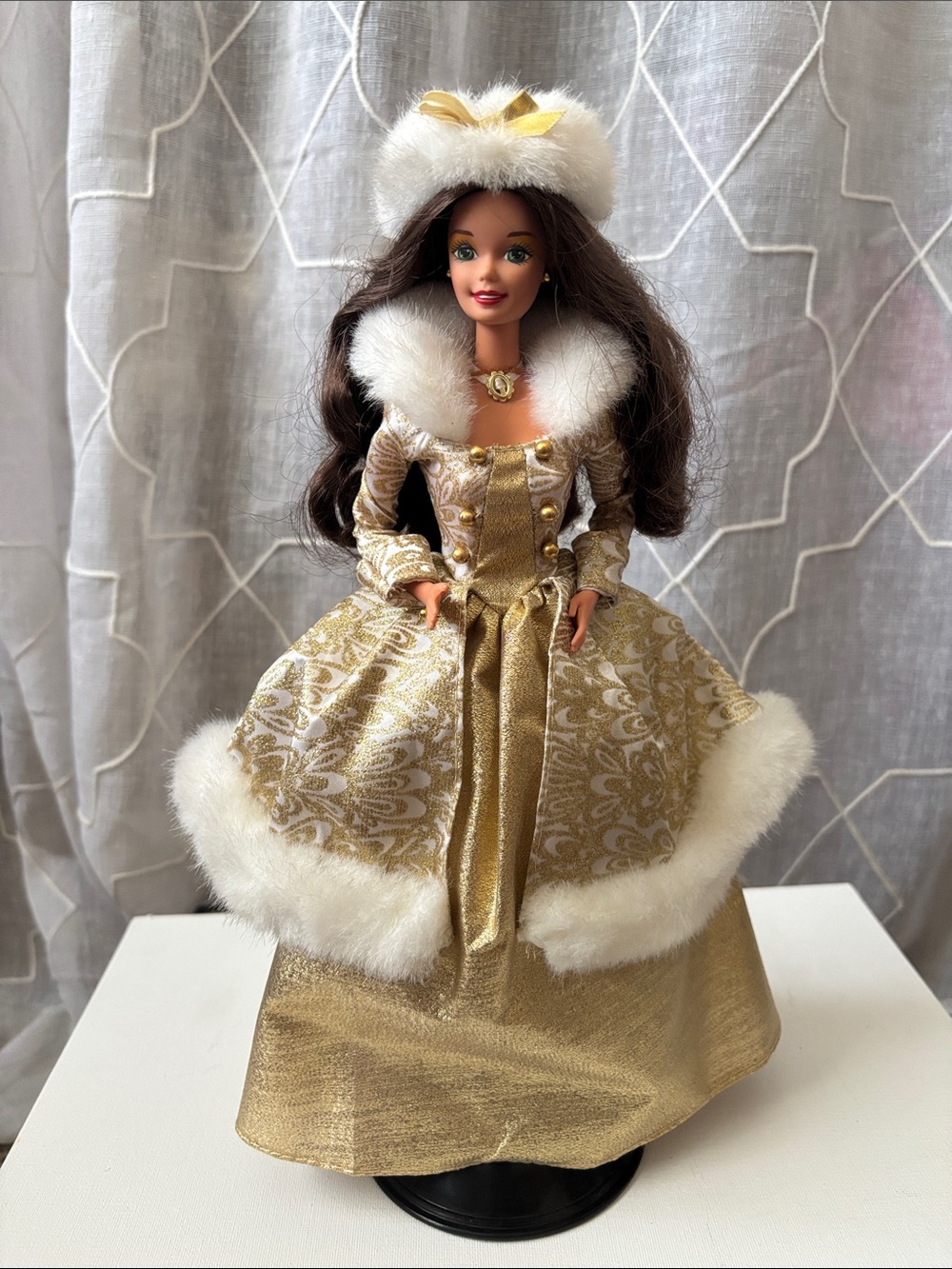 Special Edition Brunette Winter Fantasy Barbie —- Gold Gown with Fur Accents